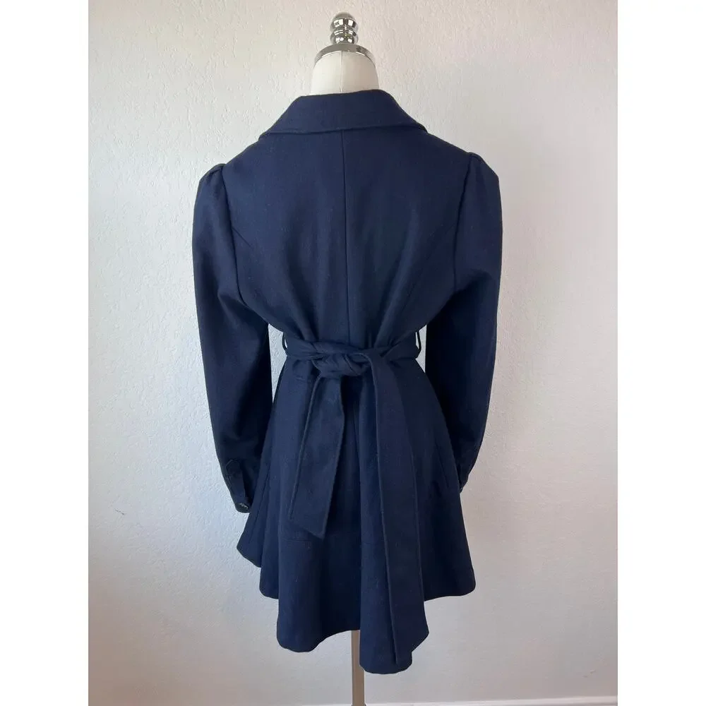 Vintage Y2K Forever 21 Navy Wool Blend Pea Coat size Large Belted - Picture 3 of 6